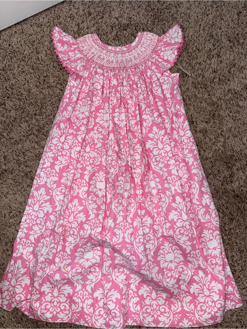 Pink Smocked Floral Dress with Ruffle Cap Sleeves for Girls